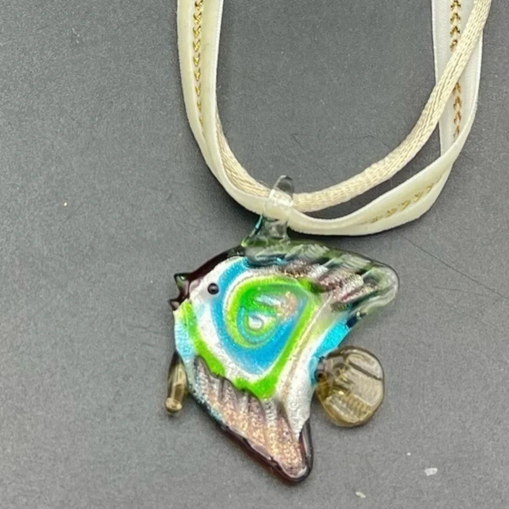 Blue & Green Fish Art Glass Necklace
